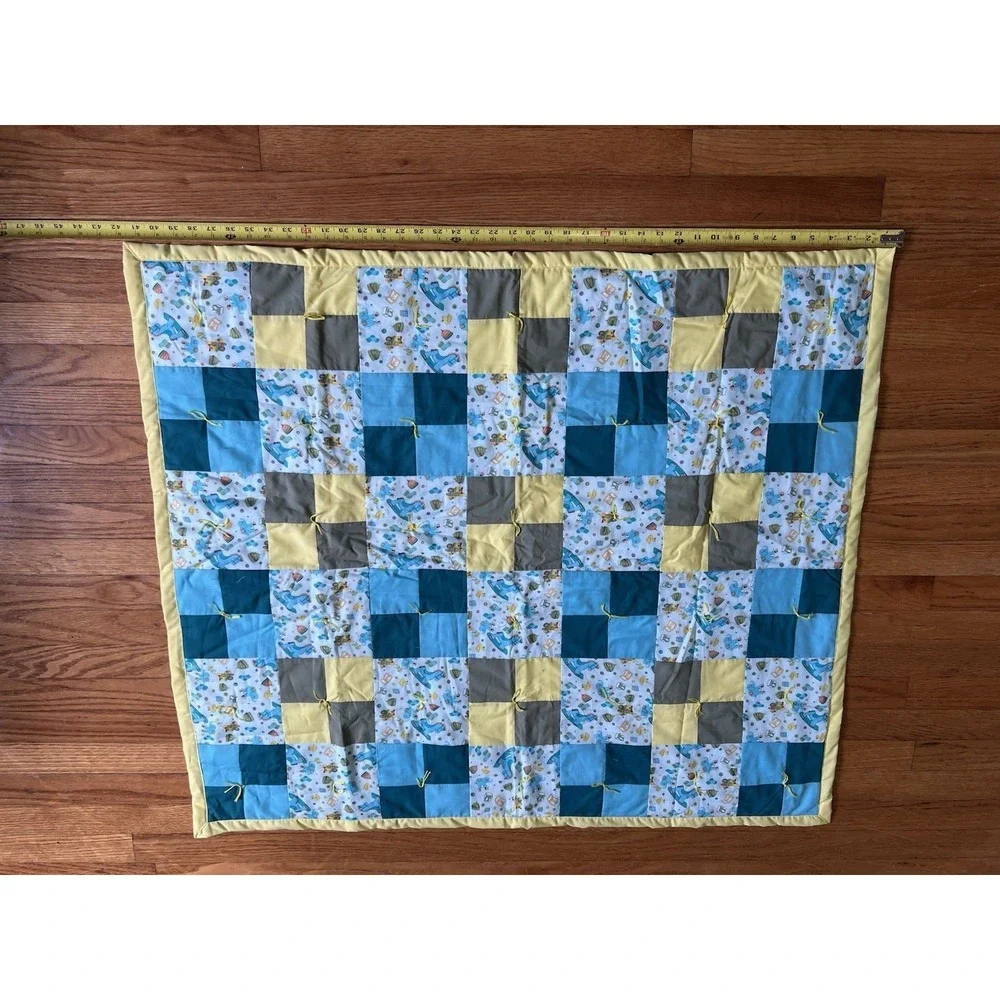 Handmade Baby Quilt Blue Yellow Patchwork Tied Quilt Blanket 38x38